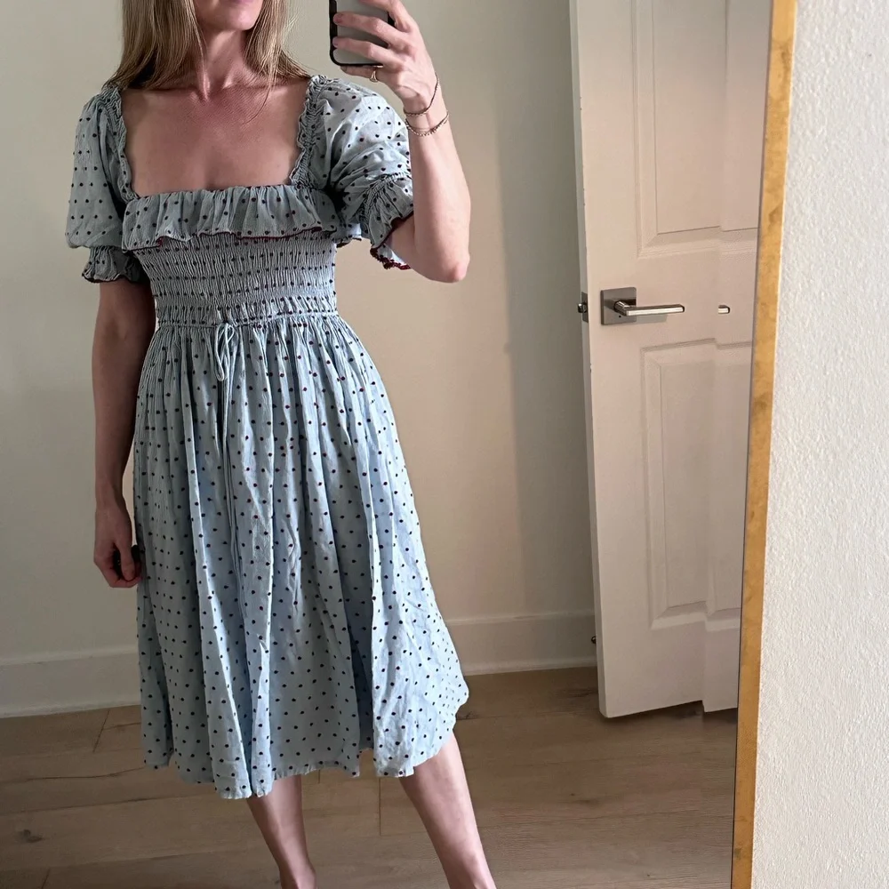 DOEN Sol Dress Blue Red Polka Dot Ruffle Midi Maxi - Picture 9 of 9